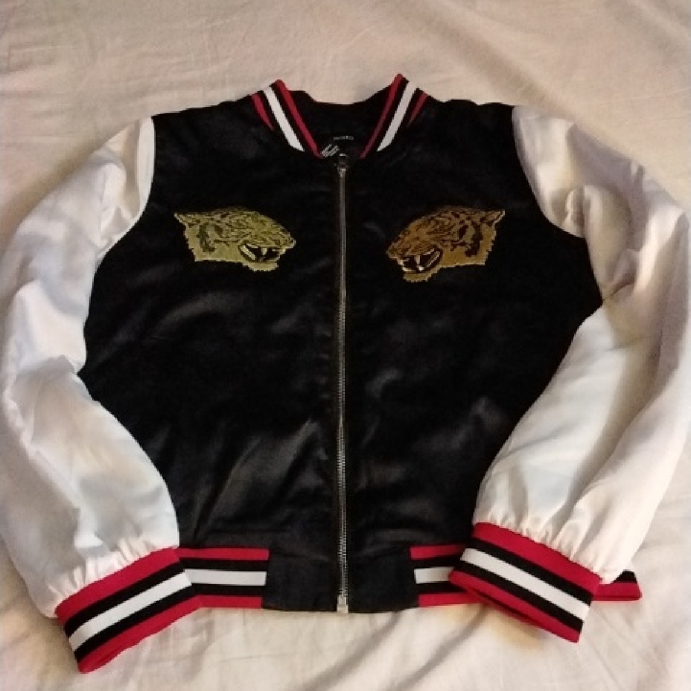 Black and White Bomber Jacket with Tiger Patches